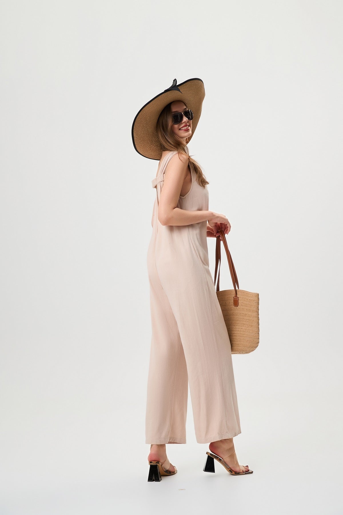 Khaki Linen Jumpsuit - Comfortable And Breathable, Elastic Back With Classic H-Line Design And Pockets