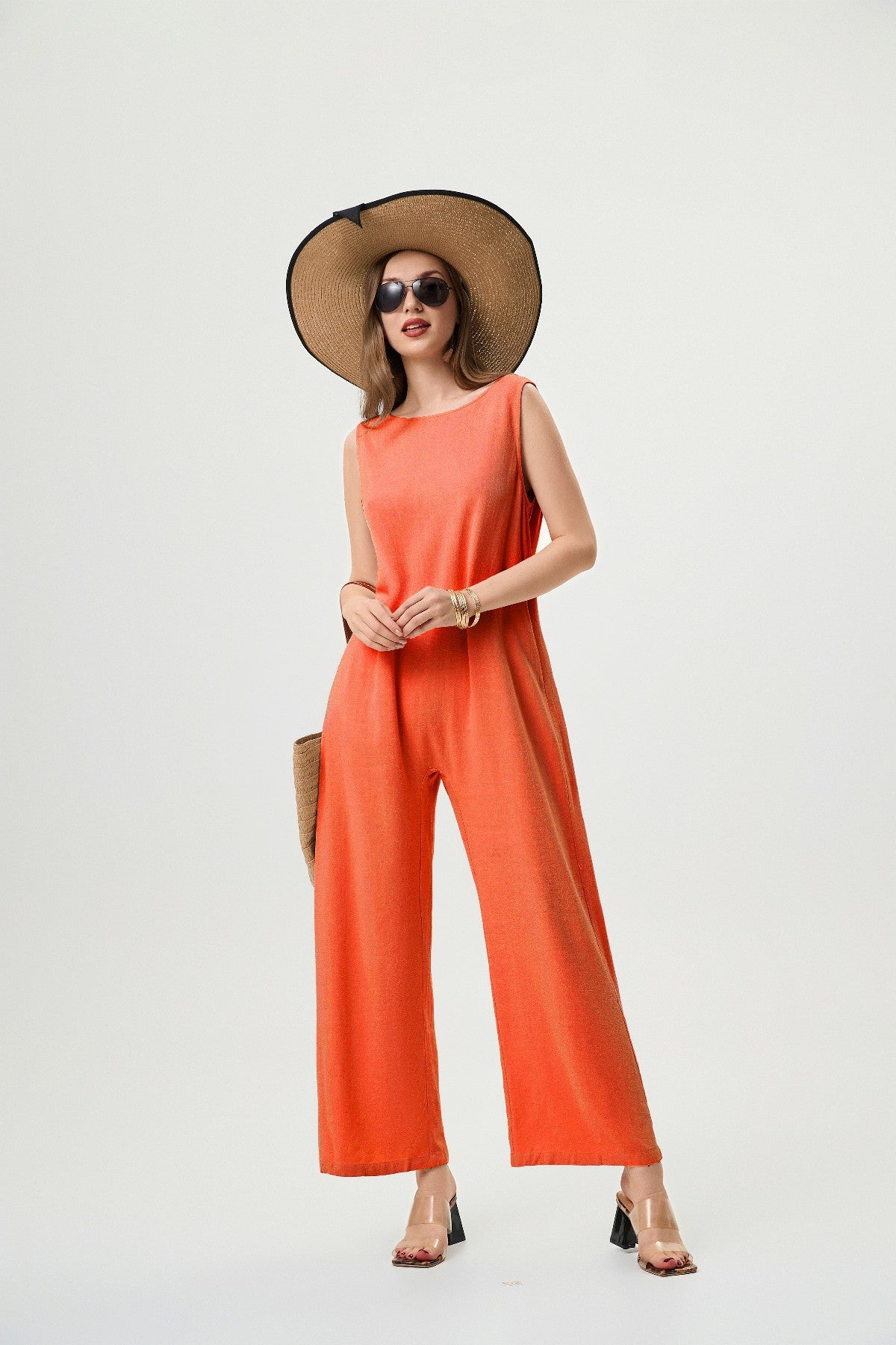 Orange Linen Jumpsuit - Comfortable And Breathable, Elastic Back With Classic H-Line Design And Pockets