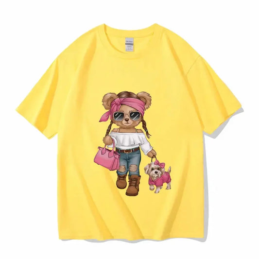 2025 Summer New T Shirt Women Fashion Bear Print Short Sleeve Tops Casual Pullover Street Y2k Fashion Tshirt Female Tees