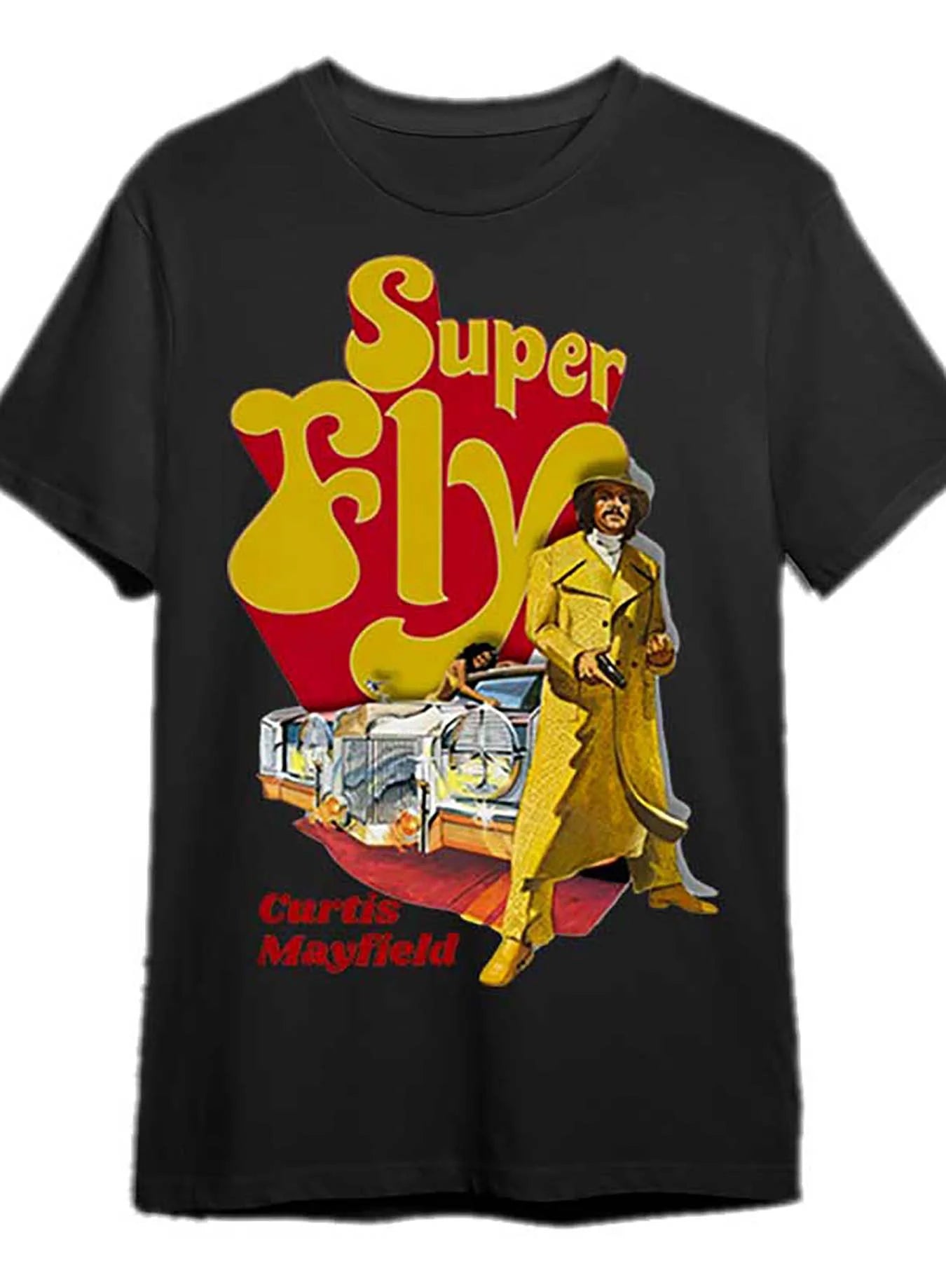 Black t-shirt with 'Super Fly' graphic design featuring a person in a yellow coat and red text.