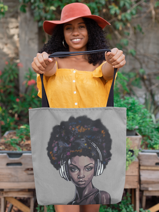 Afro Woman with Headphones Canvas Tote Bag — Music Lover Art Tote
