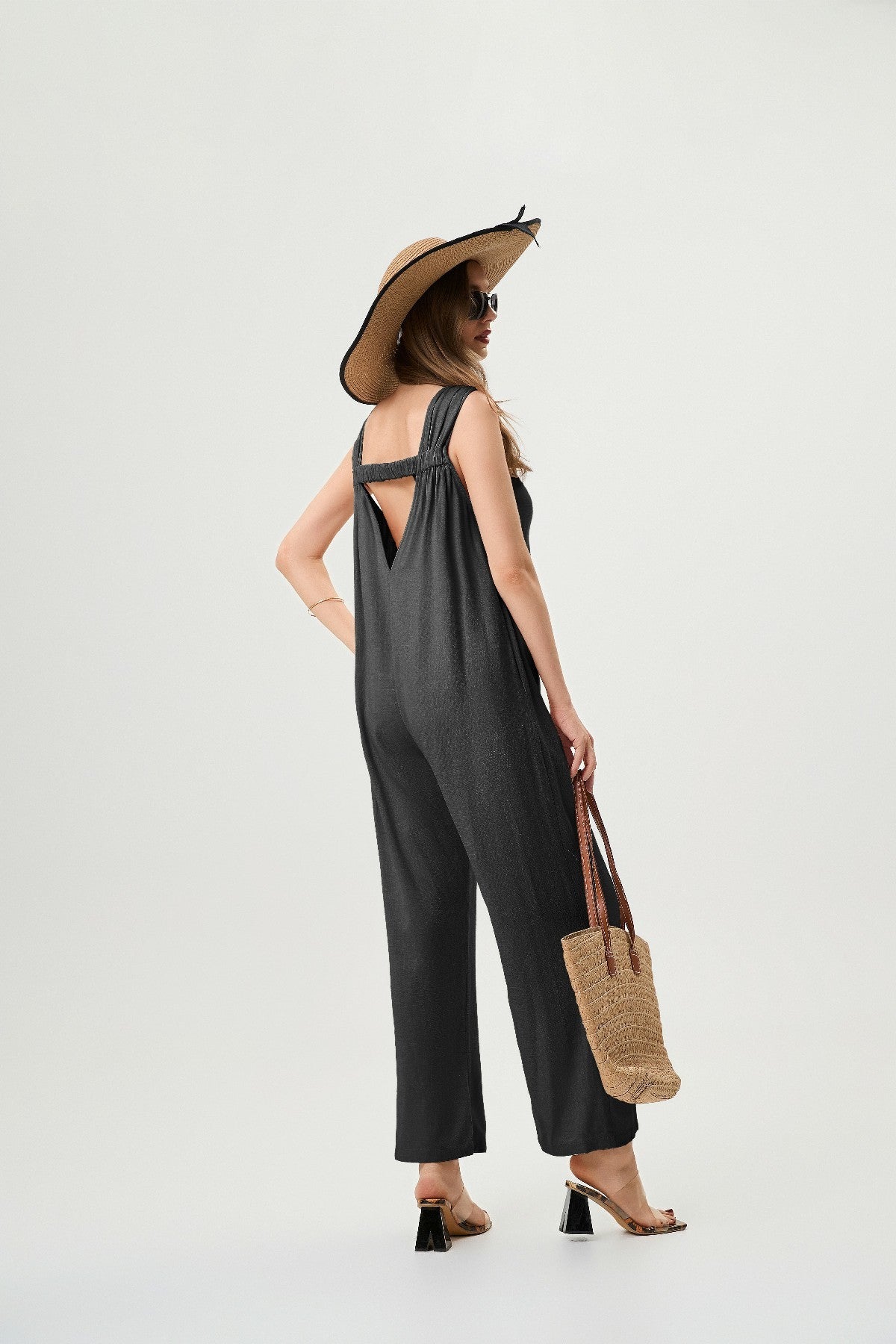 Linen Black Jumpsuit - Comfortable And Breathable, Elastic Back With Classic H-Line Design And Pockets