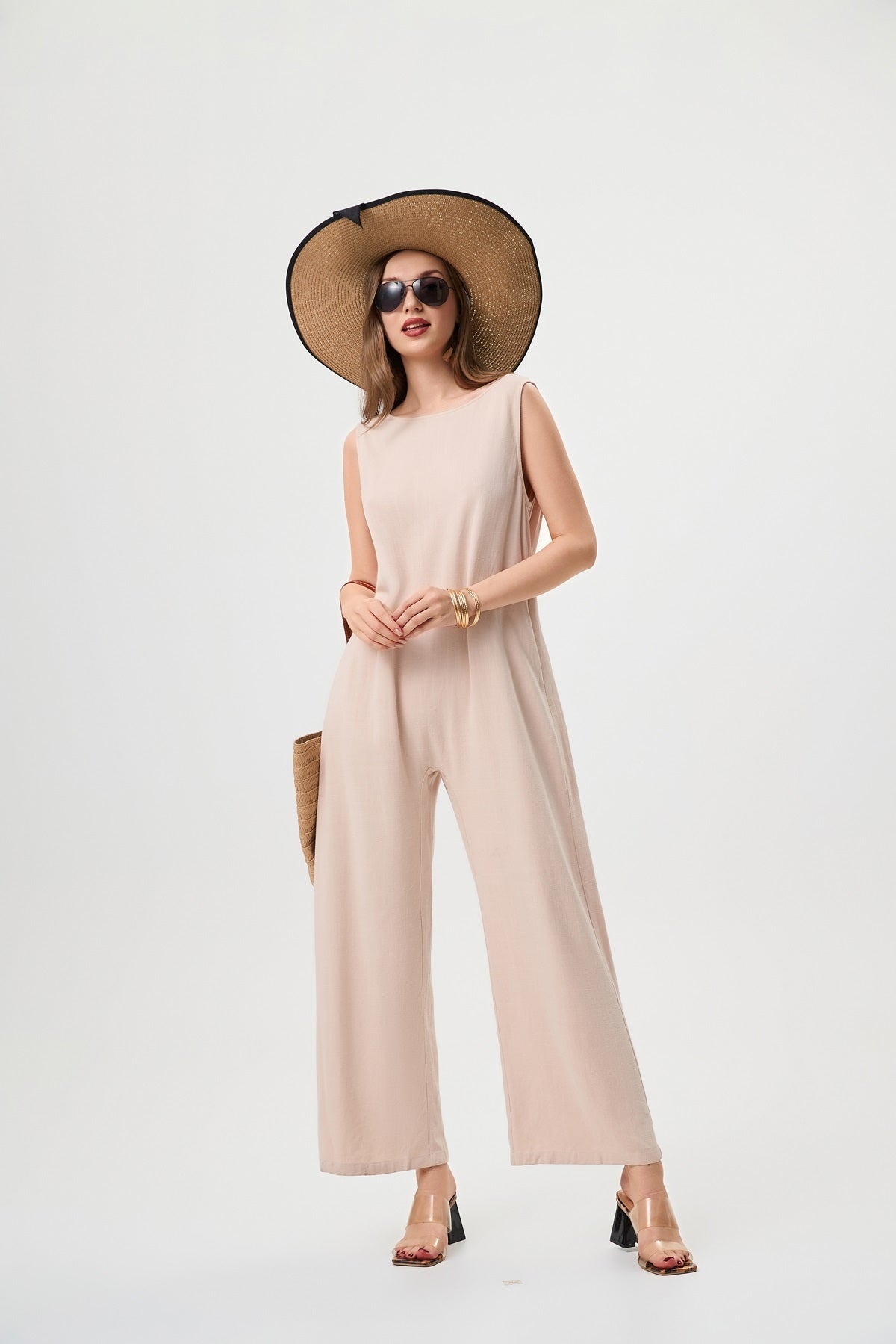 Khaki Linen Jumpsuit - Comfortable And Breathable, Elastic Back With Classic H-Line Design And Pockets