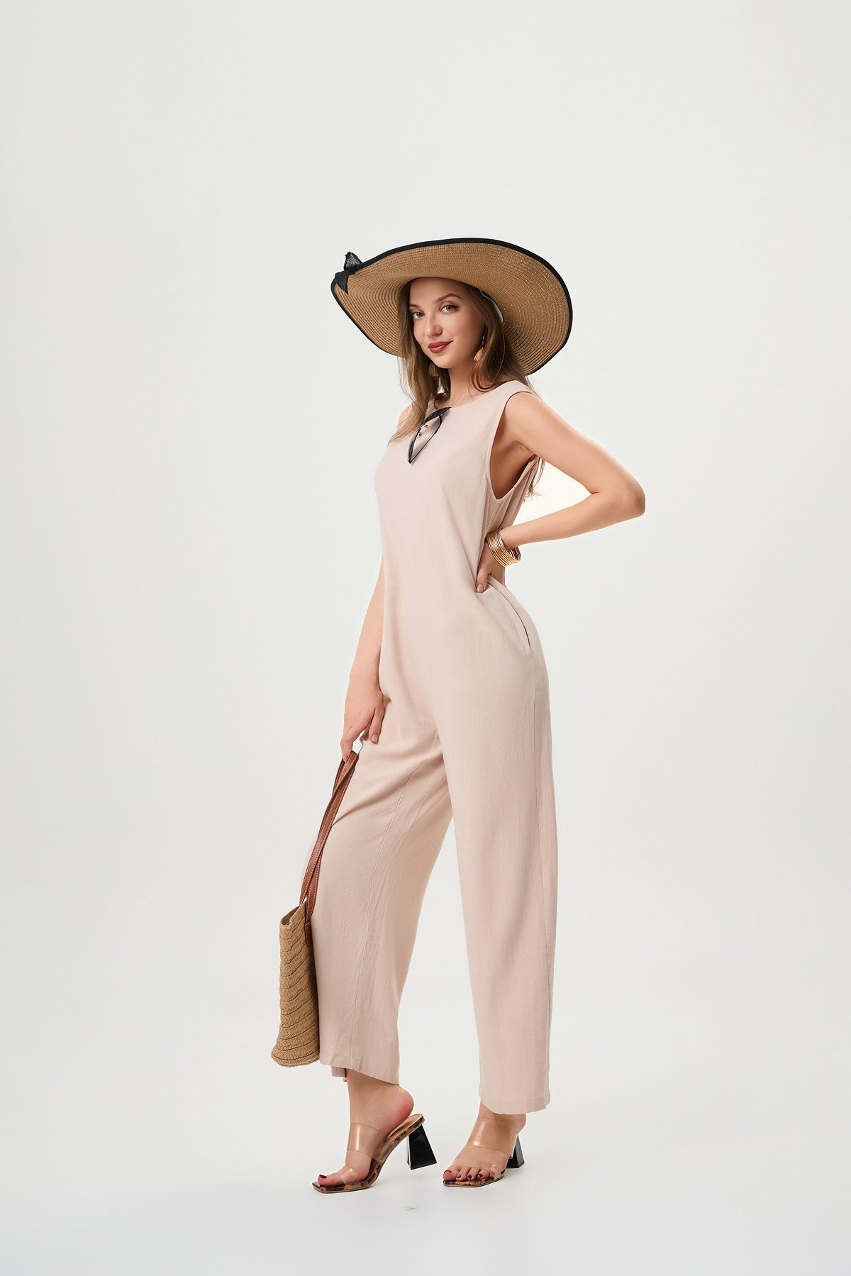 Khaki Linen Jumpsuit - Comfortable And Breathable, Elastic Back With Classic H-Line Design And Pockets