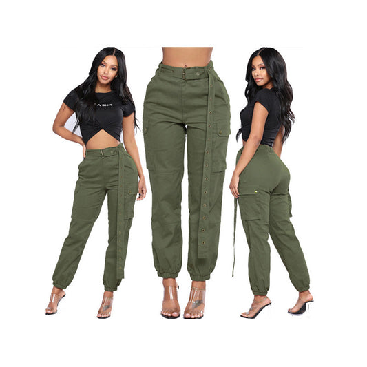 Solid Color Casual Loose-Fit Multi-Pocket Women's Pant