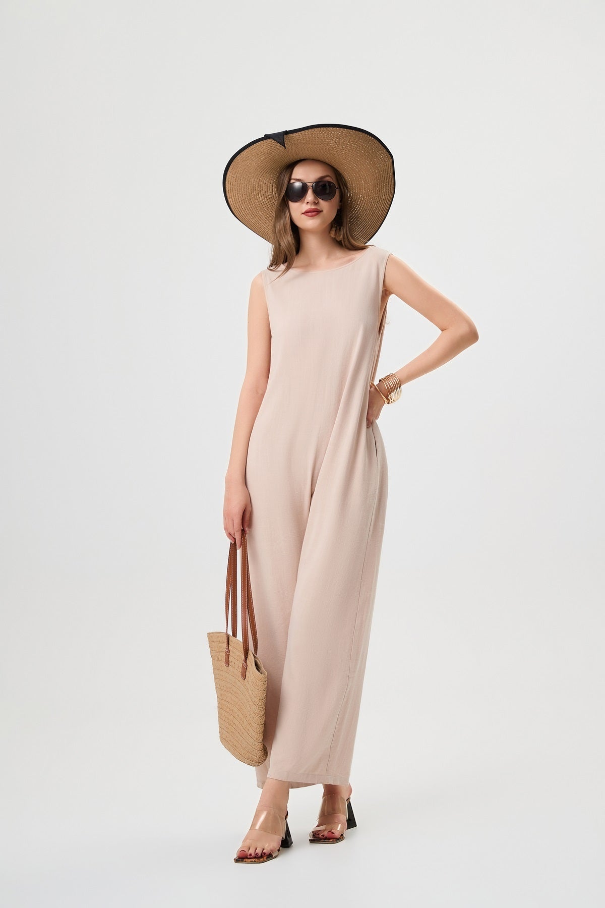 Khaki Linen Jumpsuit - Comfortable And Breathable, Elastic Back With Classic H-Line Design And Pockets