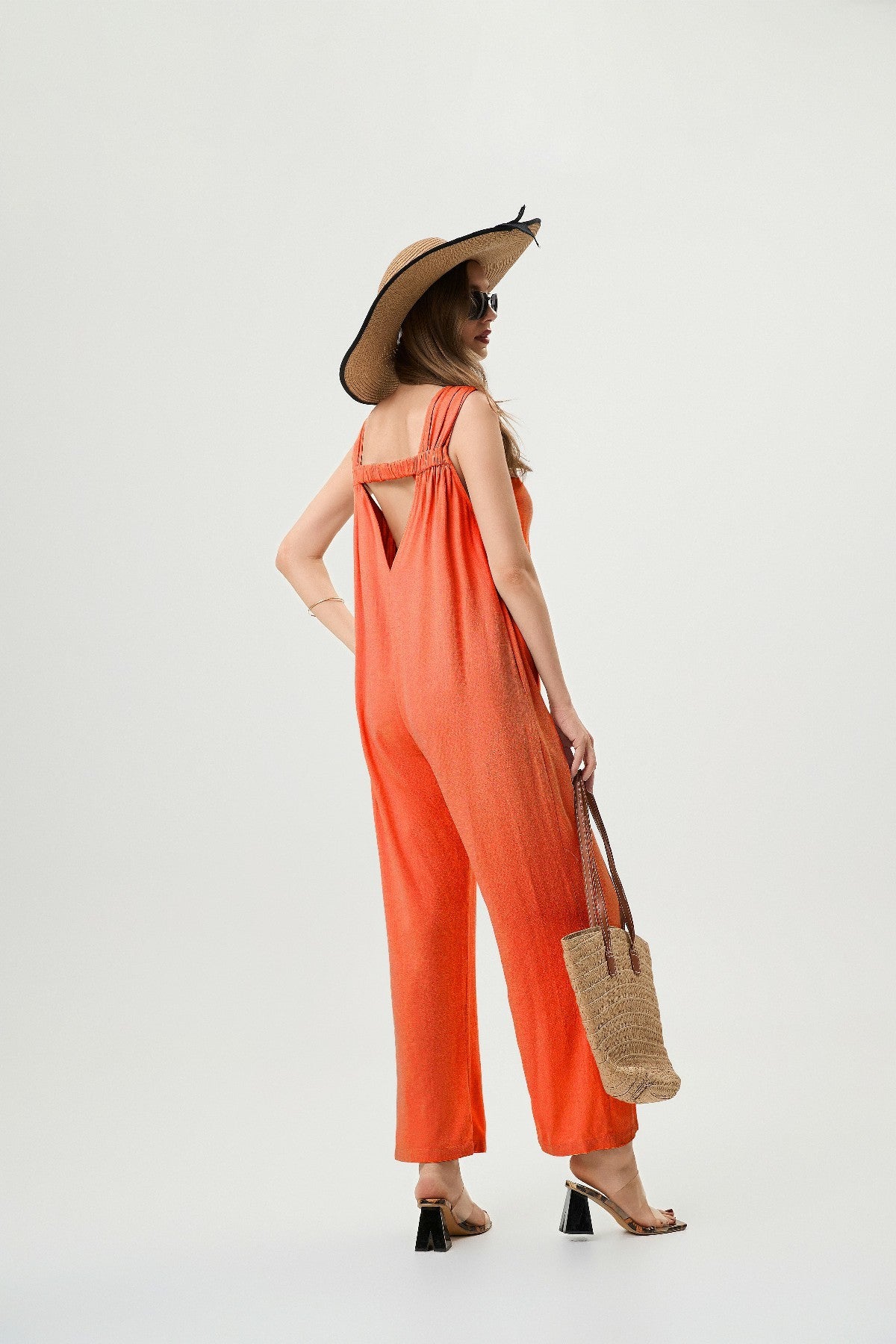 Orange Linen Jumpsuit - Comfortable And Breathable, Elastic Back With Classic H-Line Design And Pockets