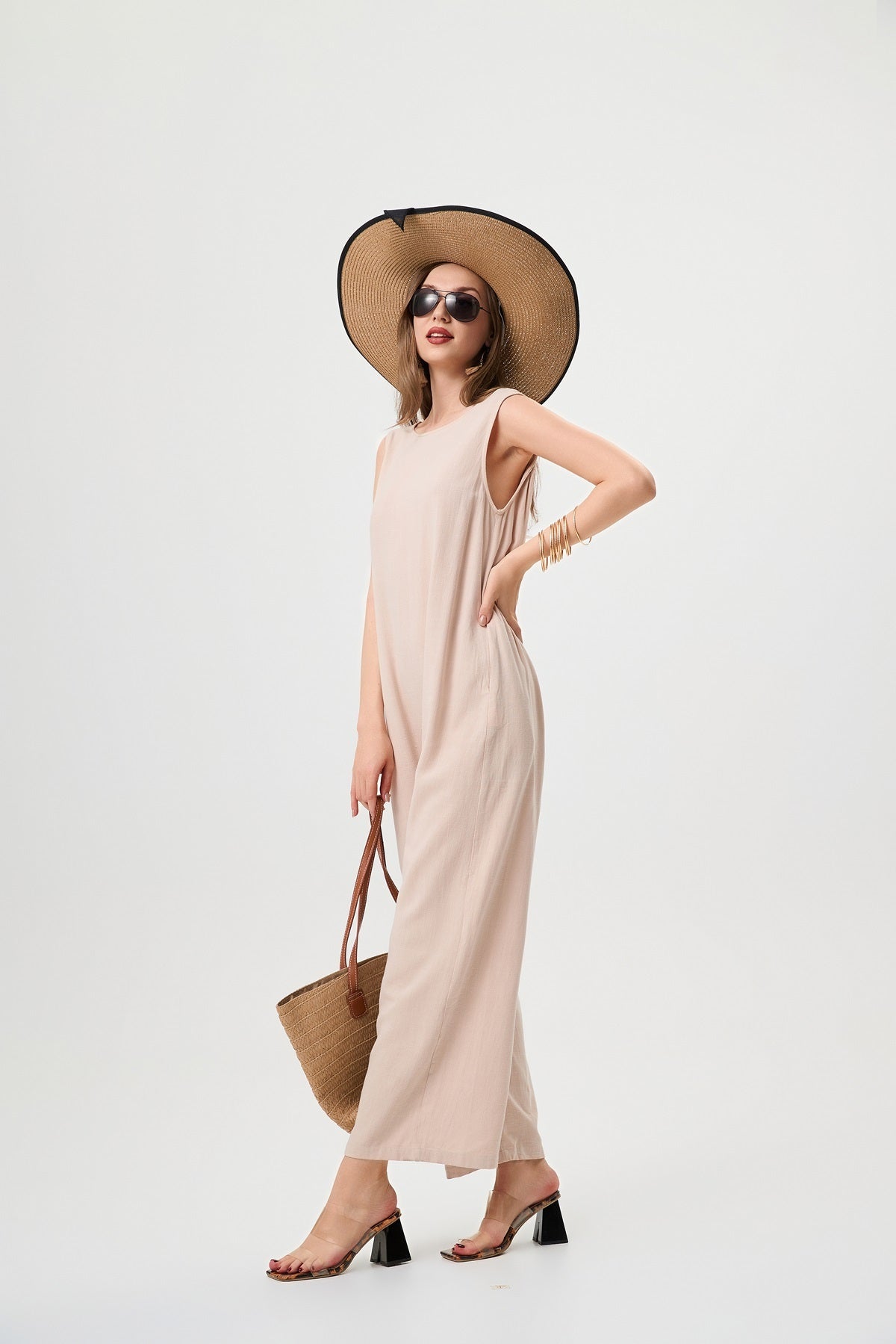 Khaki Linen Jumpsuit - Comfortable And Breathable, Elastic Back With Classic H-Line Design And Pockets