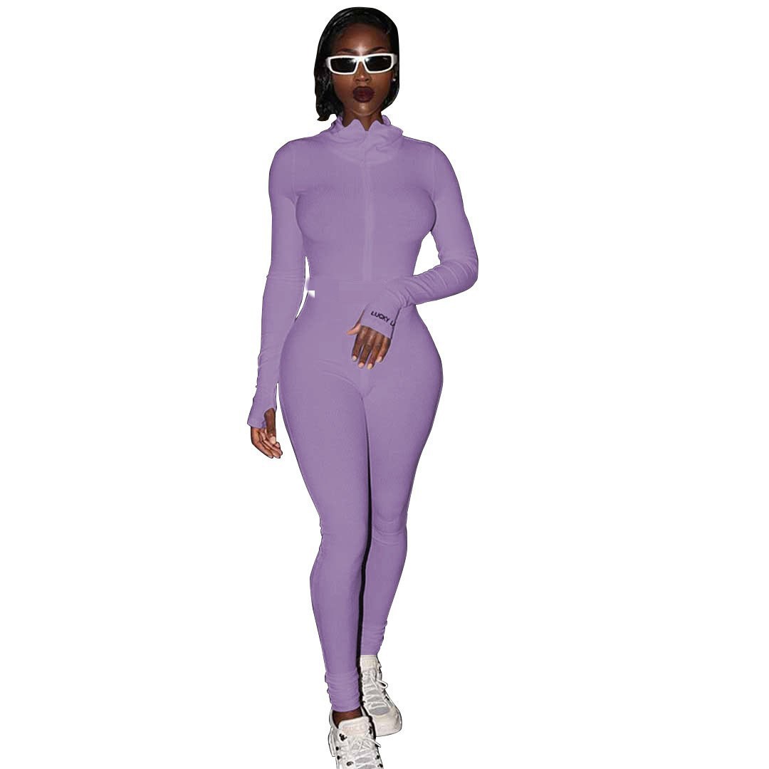 Zipper Stretch Turtleneck And Embroidered Slim Fit Fitness Jumpsuit Yoga Suit