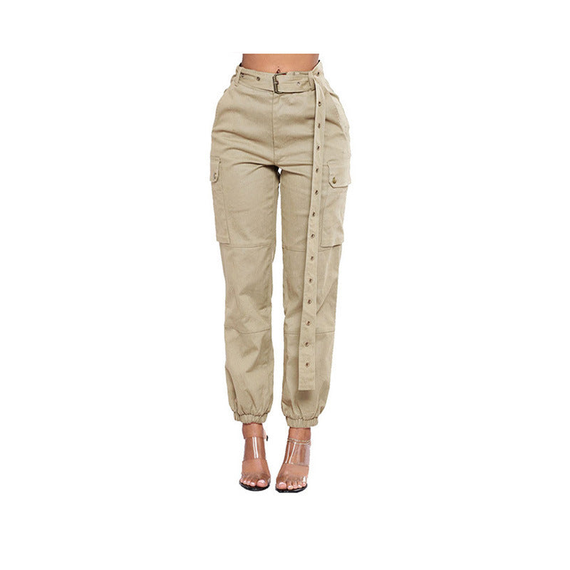 Solid Color Casual Loose-Fit Multi-Pocket Women's Pant