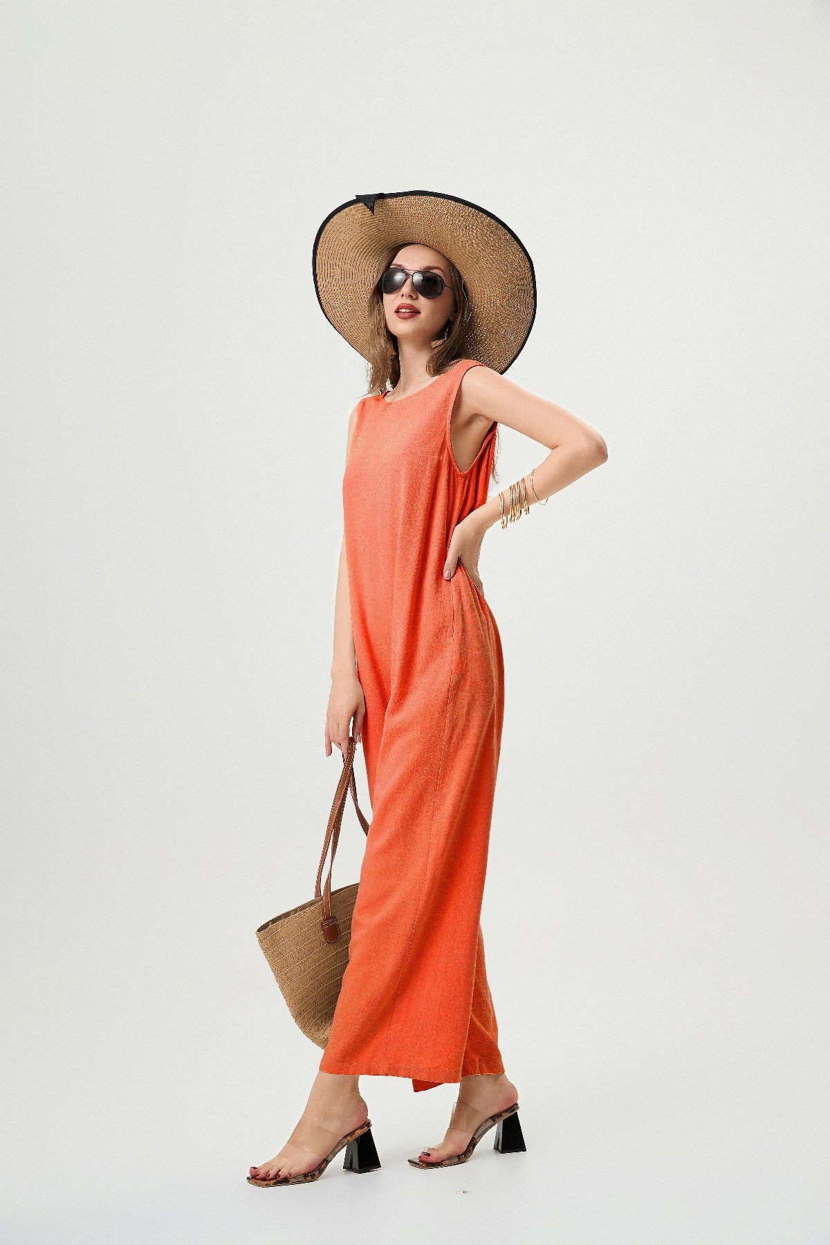 Orange Linen Jumpsuit - Comfortable And Breathable, Elastic Back With Classic H-Line Design And Pockets