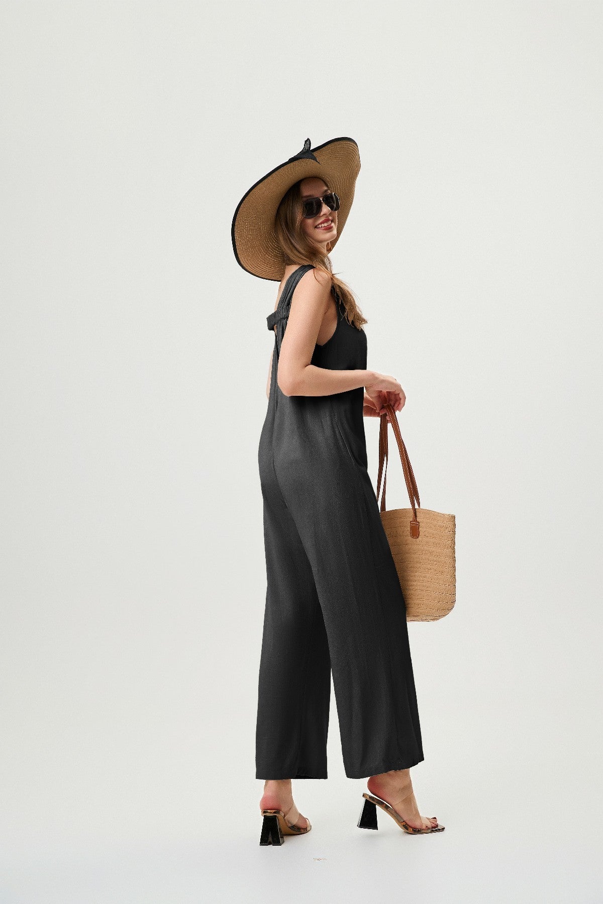 Linen Black Jumpsuit - Comfortable And Breathable, Elastic Back With Classic H-Line Design And Pockets