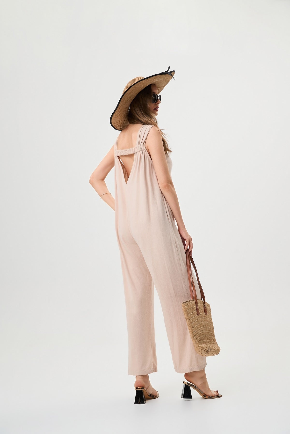 Khaki Linen Jumpsuit - Comfortable And Breathable, Elastic Back With Classic H-Line Design And Pockets