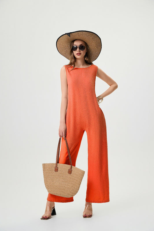 Orange Linen Jumpsuit - Comfortable And Breathable, Elastic Back With Classic H-Line Design And Pockets