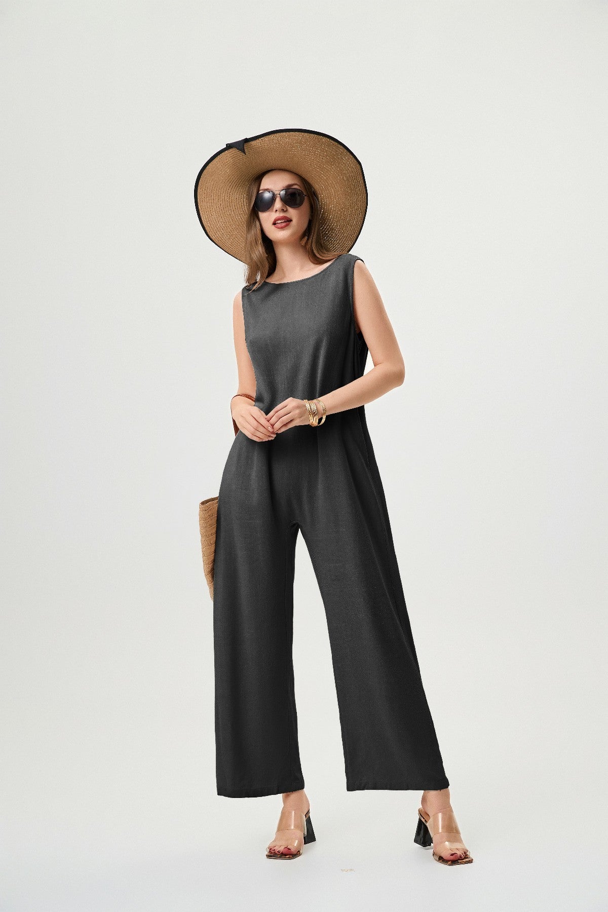 Linen Black Jumpsuit - Comfortable And Breathable, Elastic Back With Classic H-Line Design And Pockets