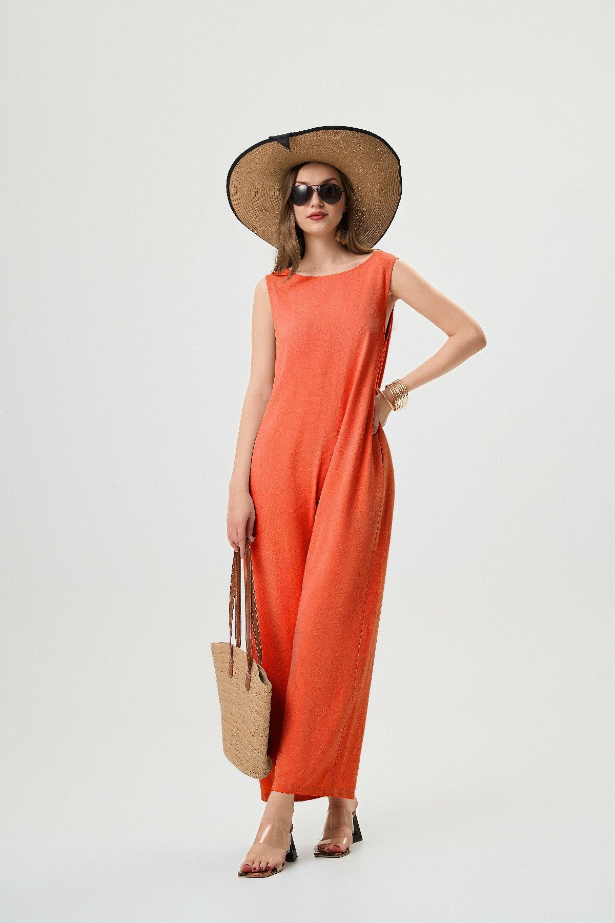 Orange Linen Jumpsuit - Comfortable And Breathable, Elastic Back With Classic H-Line Design And Pockets