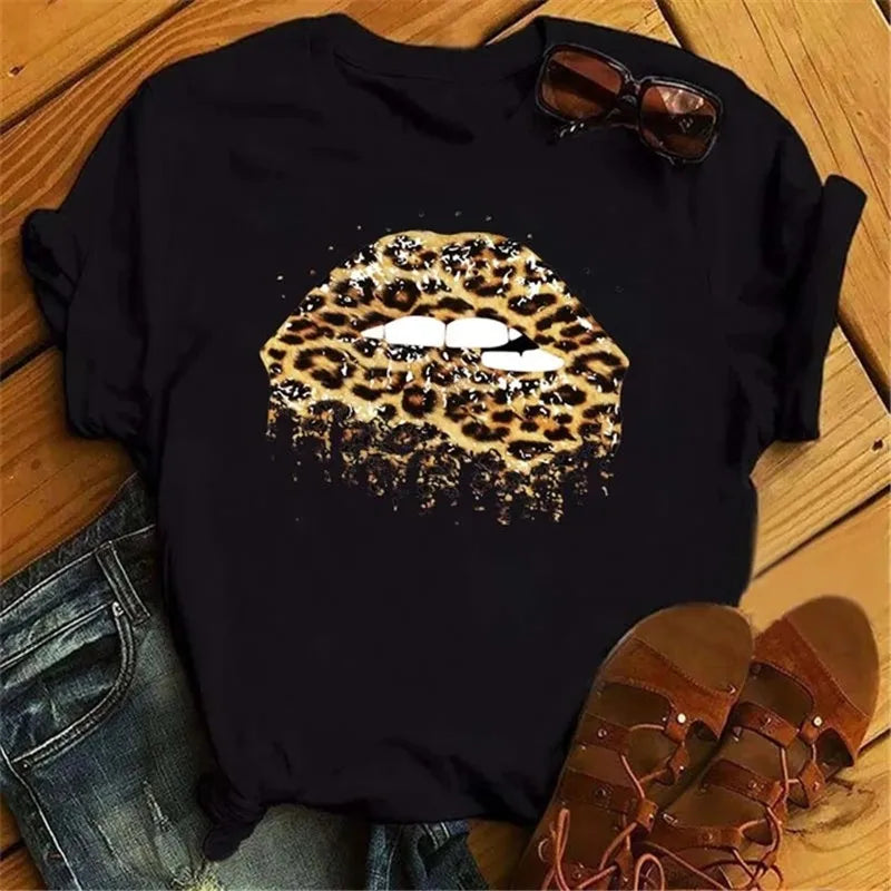 Women Short Sleeve Tshirts Fashion Red Lips Finger Print Ladies T-shirts Top Cartoon Womens Graphic Tees T-Shirts