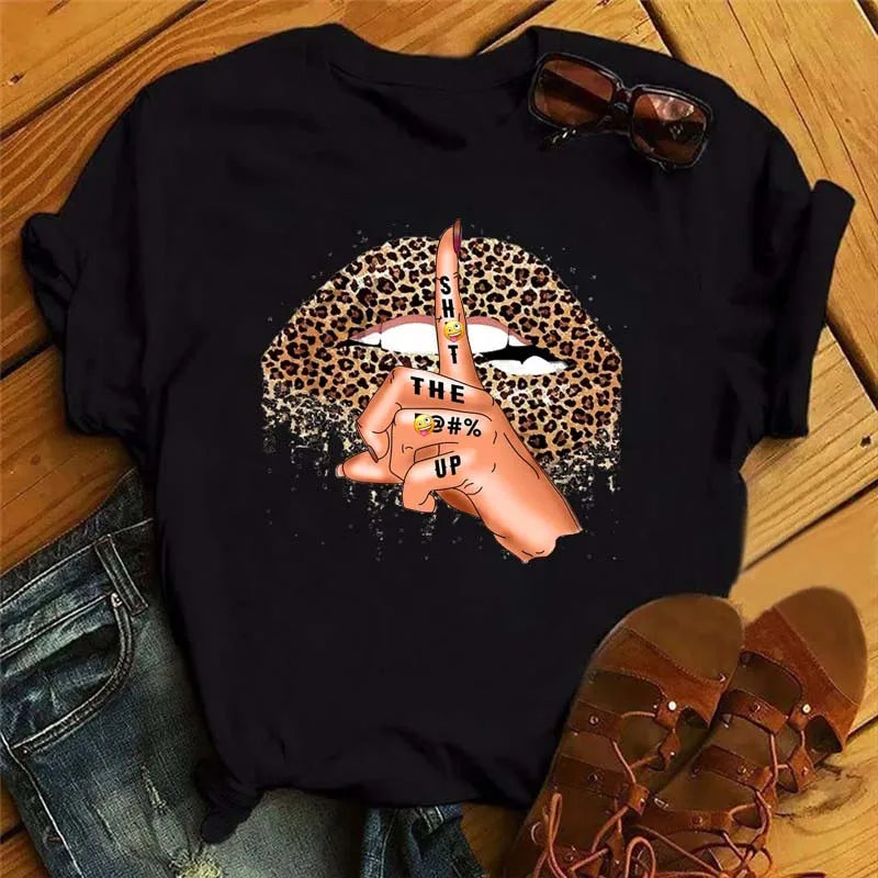 Women Short Sleeve Tshirts Fashion Red Lips Finger Print Ladies T-shirts Top Cartoon Womens Graphic Tees T-Shirts