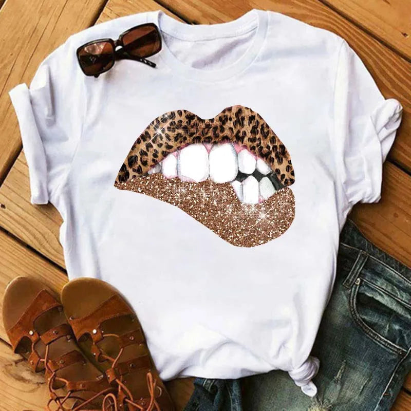 Women T-shirt Fashion Lips or Finger Print Ladies T-shirts Top Cartoon Women Graphic Tees T-Shirts