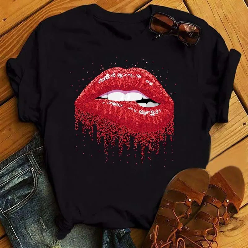 Women Short Sleeve Tshirts Fashion Red Lips Finger Print Ladies T-shirts Top Cartoon Womens Graphic Tees T-Shirts