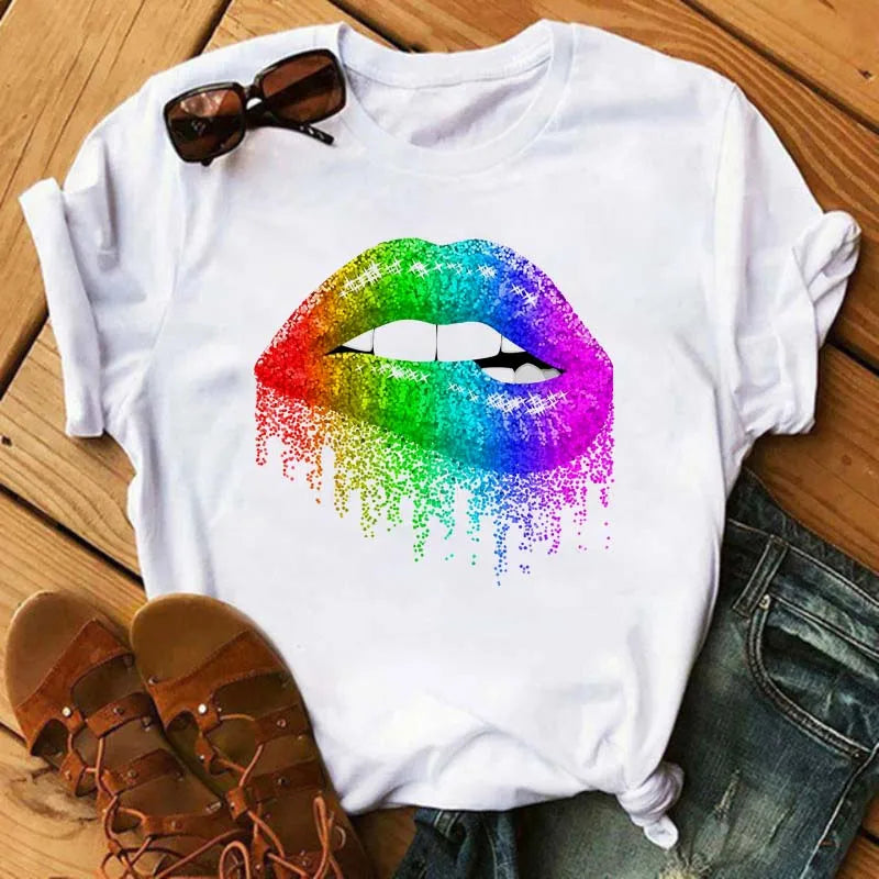 Women T-shirt Fashion Lips or Finger Print Ladies T-shirts Top Cartoon Women Graphic Tees T-Shirts