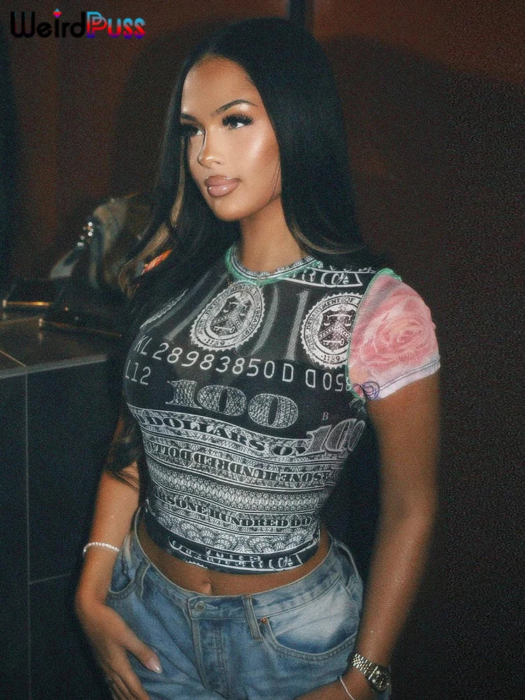 See Through Crop Tops Women Dollar Numeral Print Short Sleeve O-Neck Sexy Club Patchwork Streetwear Skinny Hot Girls Tees