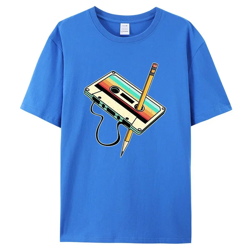 Retro 1980s Cassette Tape Cotton Tee – Casual Full Sleeve
