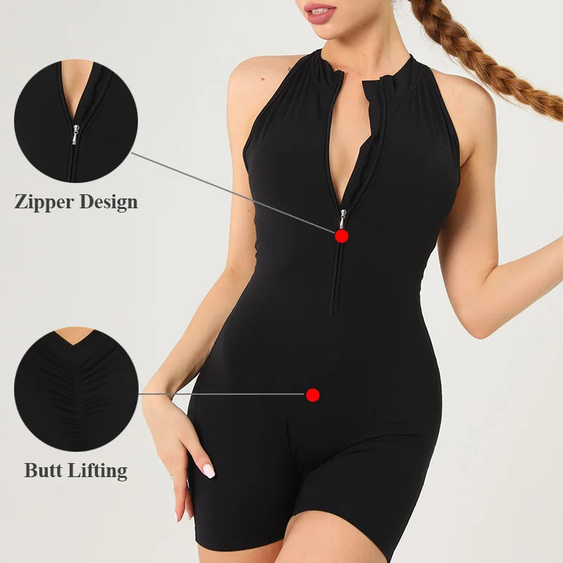 Scrunch Gym Jumpsuit Fitness Suit Short Sets Sports Overalls for Woman Tracksuit Yoga Clothing Zipper Workout Sportswear