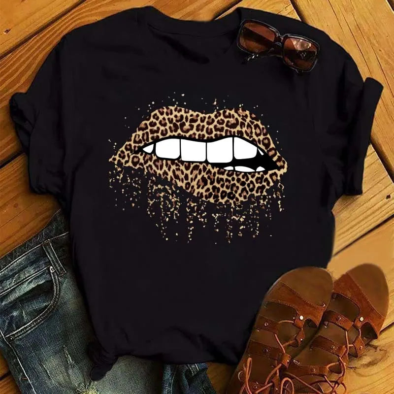 Women Short Sleeve Tshirts Fashion Red Lips Finger Print Ladies T-shirts Top Cartoon Womens Graphic Tees T-Shirts