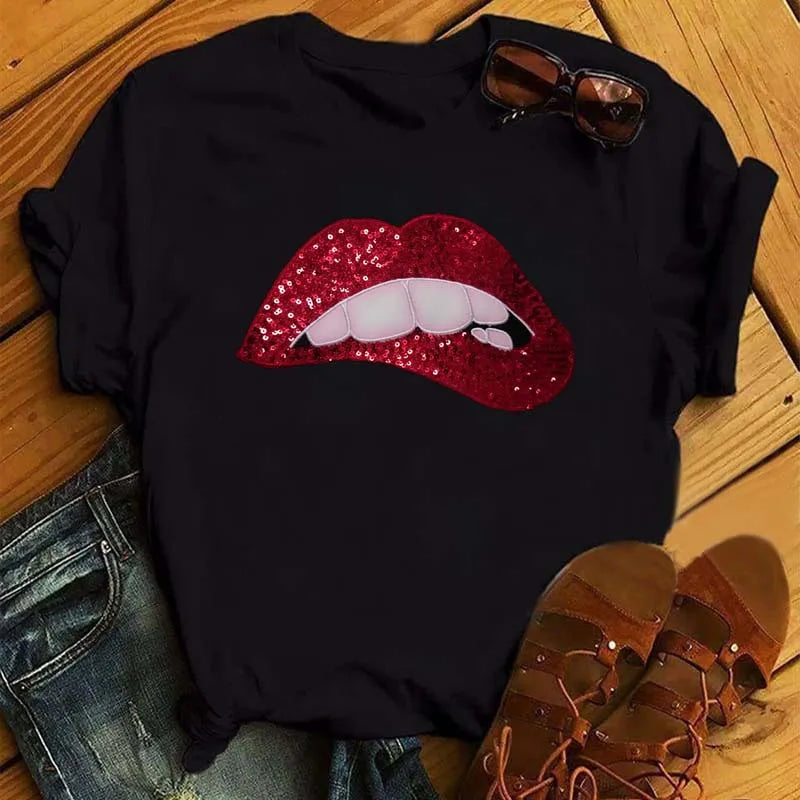 Women Short Sleeve Tshirts Fashion Red Lips Finger Print Ladies T-shirts Top Cartoon Womens Graphic Tees T-Shirts