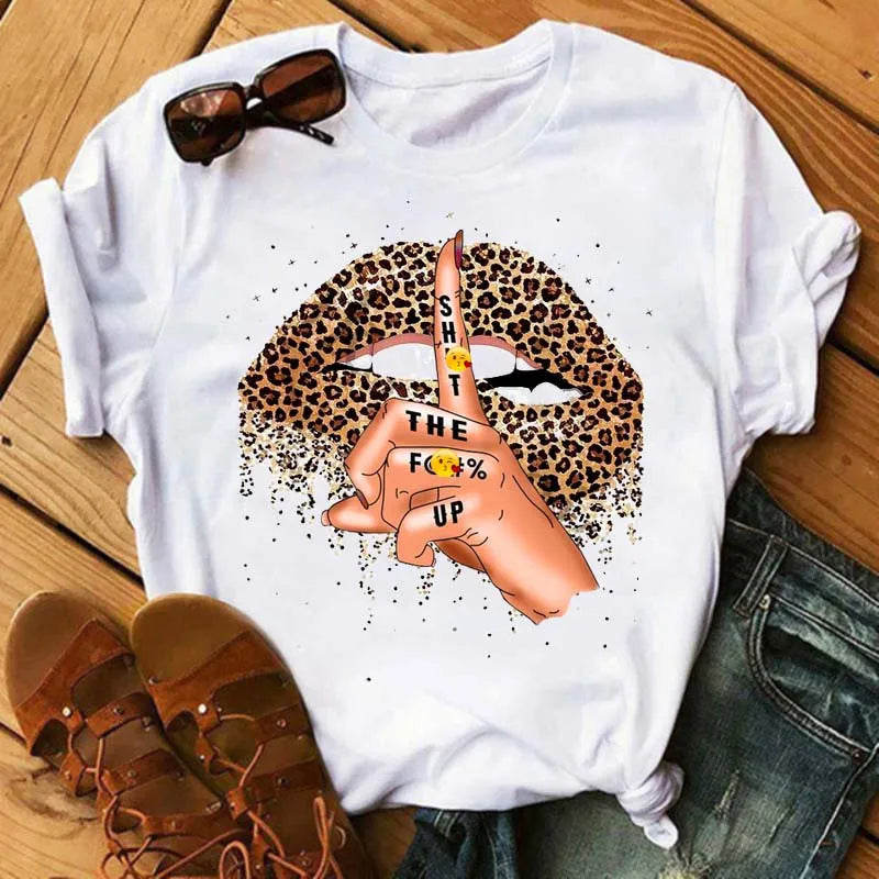 Women T-shirt Fashion Lips or Finger Print Ladies T-shirts Top Cartoon Women Graphic Tees T-Shirts