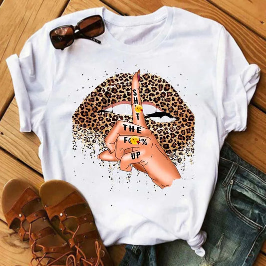 Women T-shirt Fashion Lips or Finger Print Ladies T-shirts Top Cartoon Women Graphic Tees T-Shirts