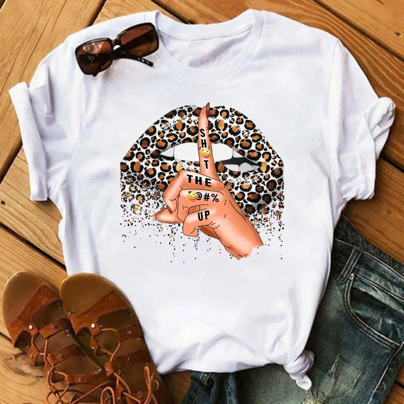 Women T-shirt Fashion Lips or Finger Print Ladies T-shirts Top Cartoon Women Graphic Tees T-Shirts