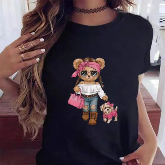 2025 Summer New T Shirt Women Fashion Bear Print Short Sleeve Tops Casual Pullover Street Y2k Fashion Tshirt Female Tees
