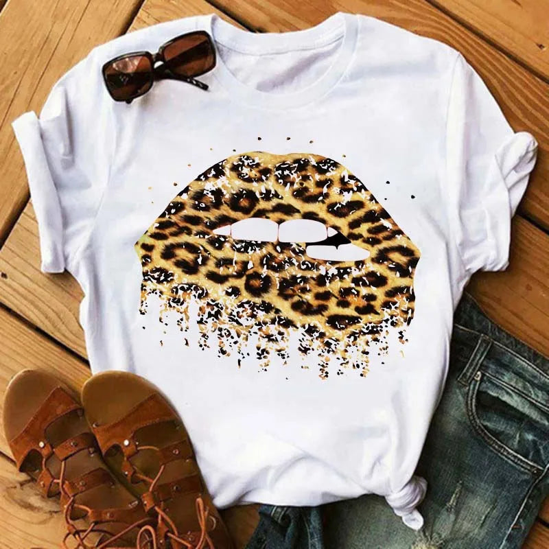 Women T-shirt Fashion Lips or Finger Print Ladies T-shirts Top Cartoon Women Graphic Tees T-Shirts