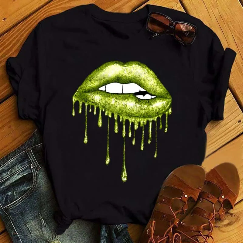 Women Short Sleeve Tshirts Fashion Red Lips Finger Print Ladies T-shirts Top Cartoon Womens Graphic Tees T-Shirts