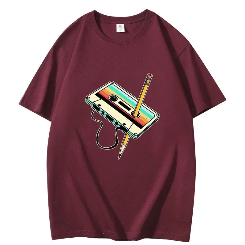 Retro 1980s Cassette Tape Cotton Tee – Casual Full Sleeve