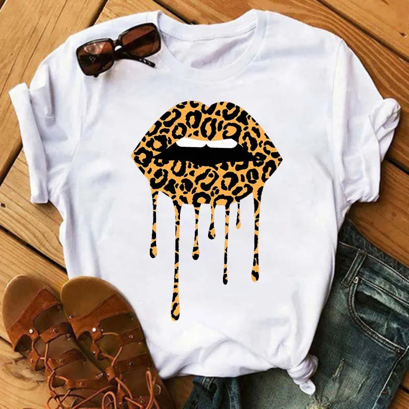 Women T-shirt Fashion Lips or Finger Print Ladies T-shirts Top Cartoon Women Graphic Tees T-Shirts