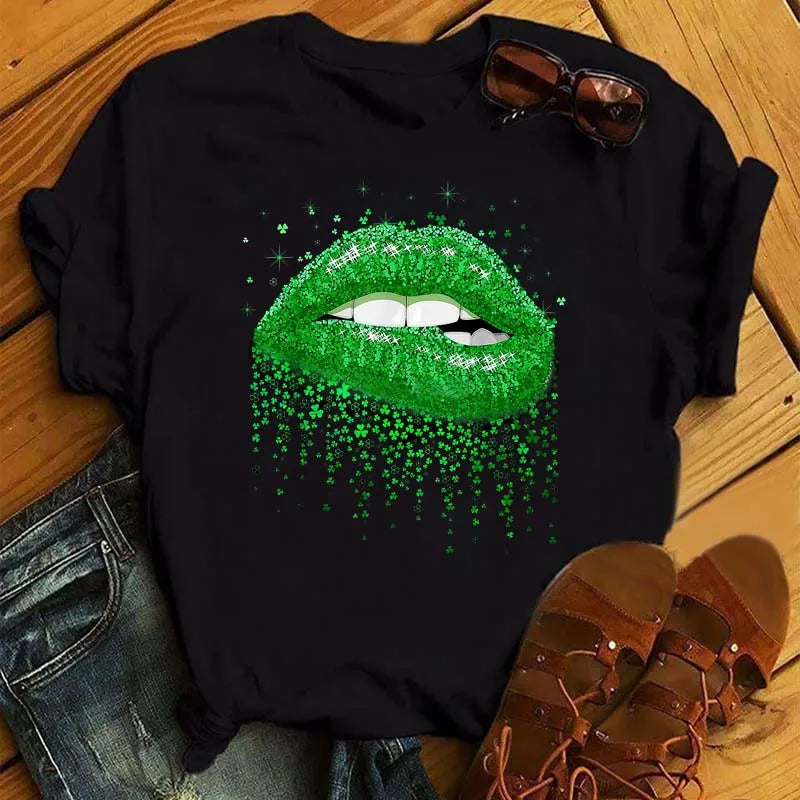 Women Short Sleeve Tshirts Fashion Red Lips Finger Print Ladies T-shirts Top Cartoon Womens Graphic Tees T-Shirts