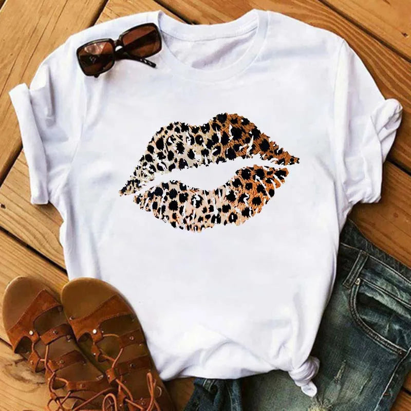 Women T-shirt Fashion Lips or Finger Print Ladies T-shirts Top Cartoon Women Graphic Tees T-Shirts