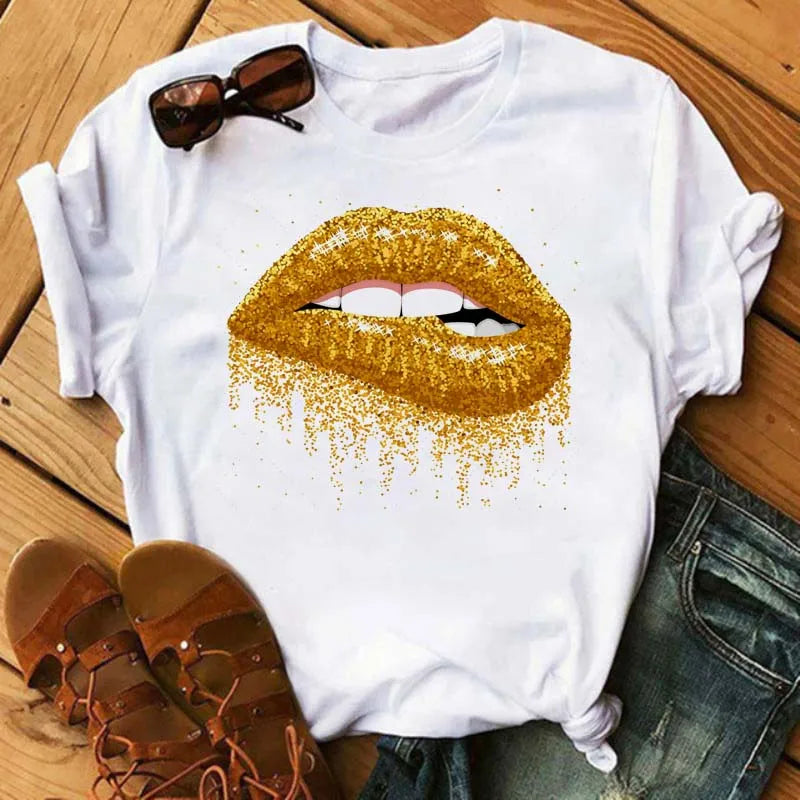 Women T-shirt Fashion Lips or Finger Print Ladies T-shirts Top Cartoon Women Graphic Tees T-Shirts