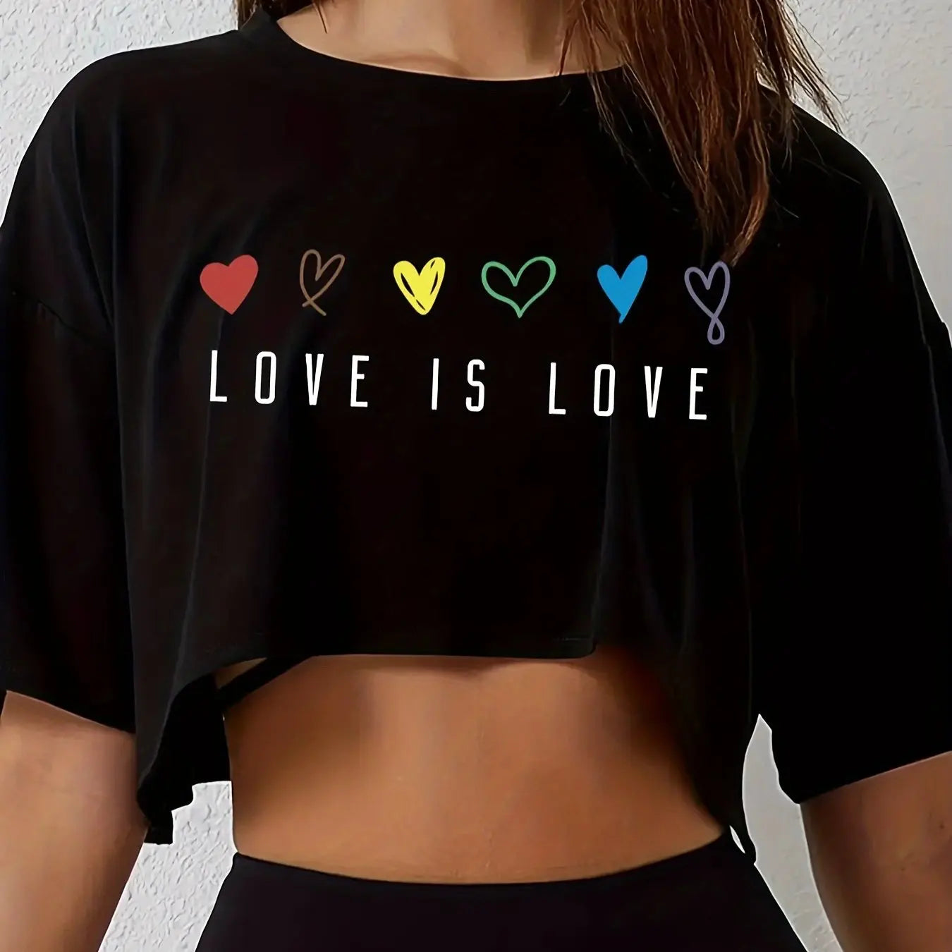 Love Is Love Crop Top T-Shirt - Short Length Casual Loose Fit Breathable Medium Stretch Polyester Colorful Heart