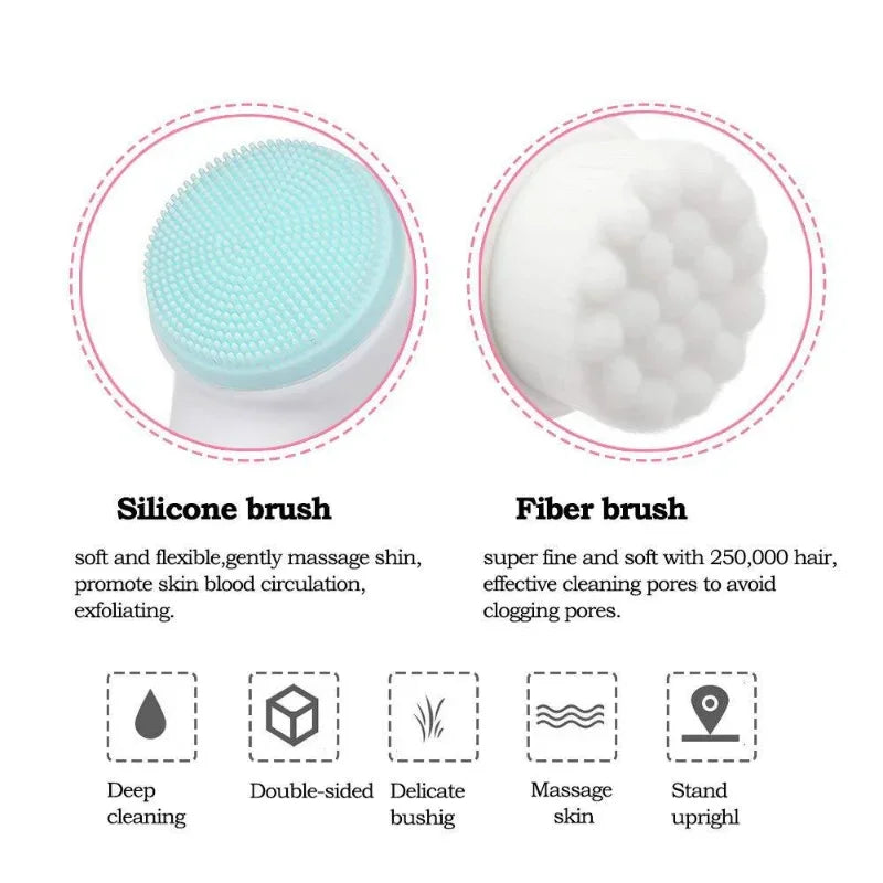 Facial cleansing brush manual massage double silicone facial brush soft bristles exfoliator double sided face wash brush