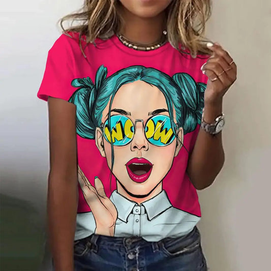 Women's T-Shirts Blue Hair Glasses Print T-Shirt Harajuku Vintage Short Sleeved Tees O Neck Funny Top Oversized Female Clothing