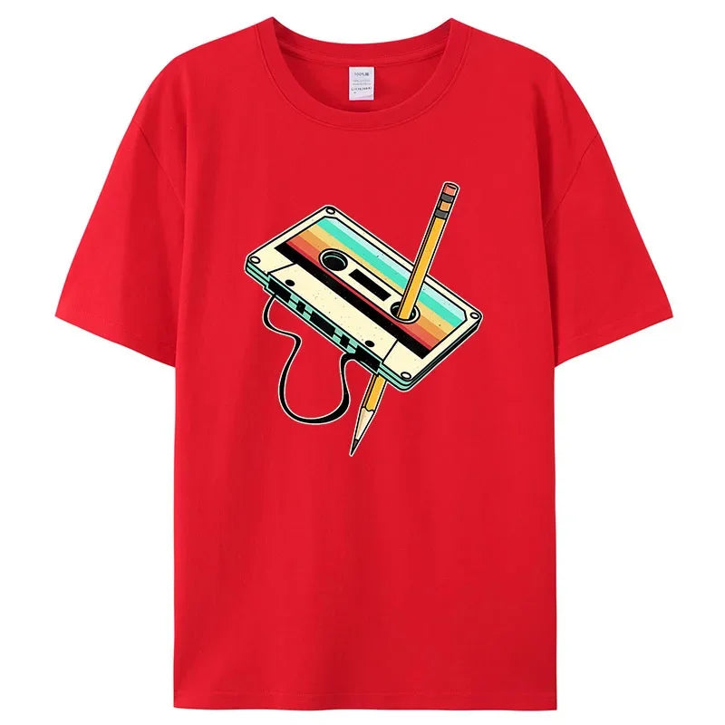 Retro 1980s Cassette Tape Cotton Tee – Casual Full Sleeve