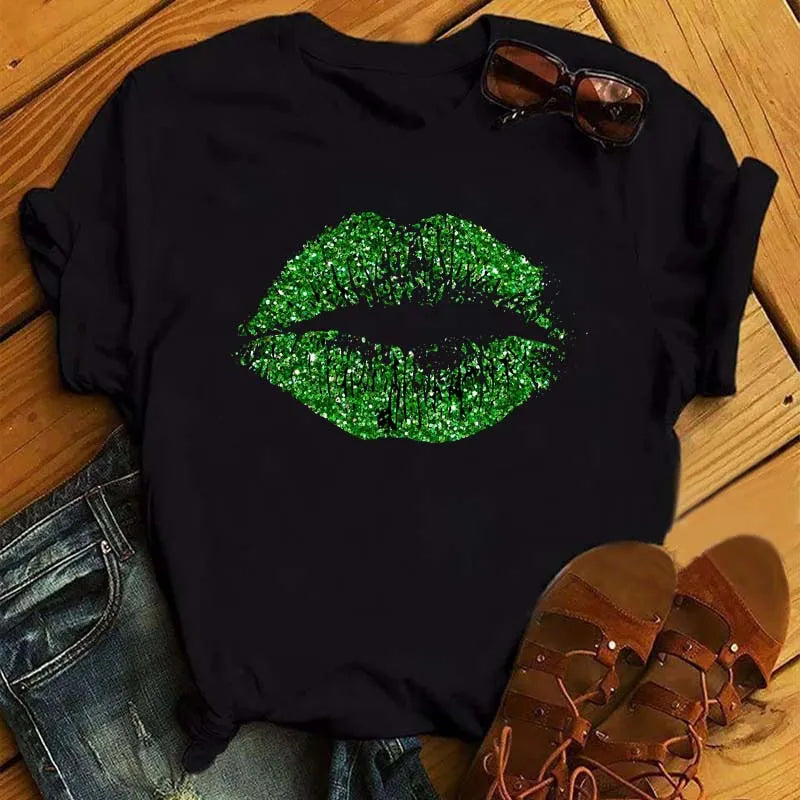 Women Short Sleeve Tshirts Fashion Red Lips Finger Print Ladies T-shirts Top Cartoon Womens Graphic Tees T-Shirts