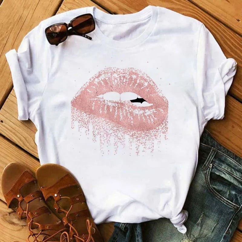 Women T-shirt Fashion Lips or Finger Print Ladies T-shirts Top Cartoon Women Graphic Tees T-Shirts