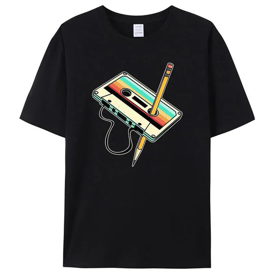 Retro 1980s Cassette Tape Cotton Tee – Casual Full Sleeve