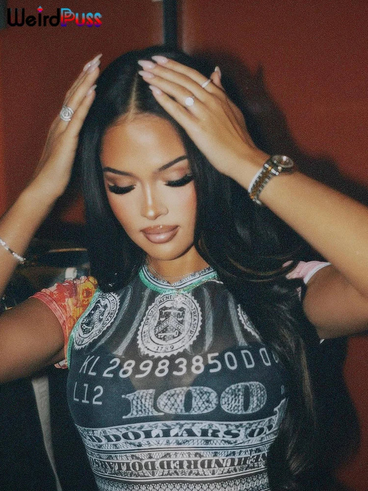 See Through Crop Tops Women Dollar Numeral Print Short Sleeve O-Neck Sexy Club Patchwork Streetwear Skinny Hot Girls Tees