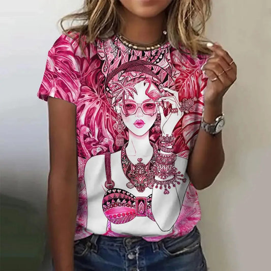Women's T-Shirts Pink Graphic Tee Print T-Shirt Harajuku Vintage Short Sleeved Tees O Neck Funny Top Oversized Female Clothing